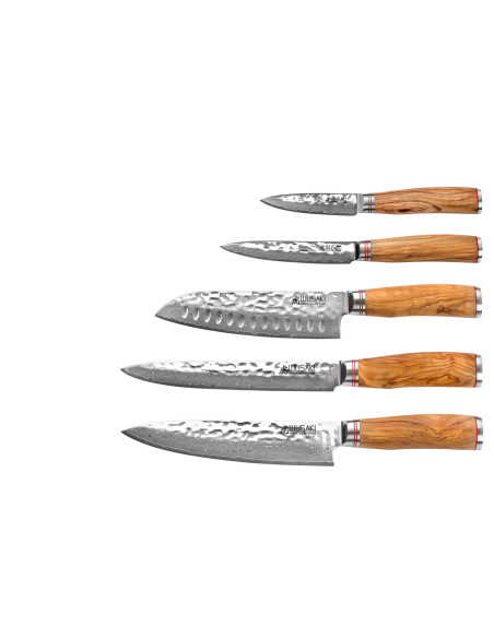 Conjunto de 5 facas de cozinha Wusaki Damascus 10Cr com cabo em madeira de oliveira