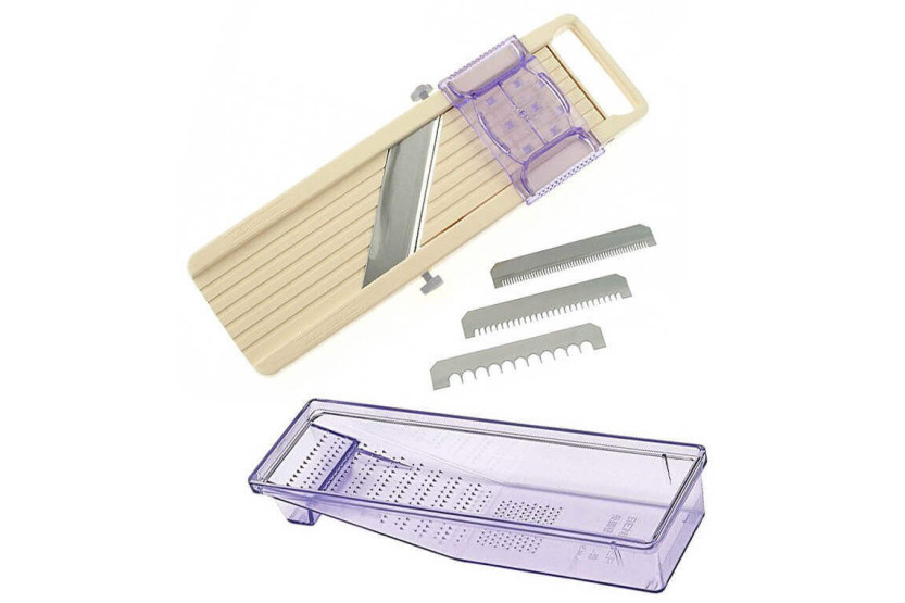 Benriner profesjonell japansk kjøkkenmandolin 3 kniver 6,5 cm + skyver og bolle