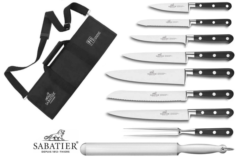 Sabatier Ideal 100 % smidd rustfritt stålkoffert 7 franskproduserte kniver + 1 gaffel + 1 pistol
