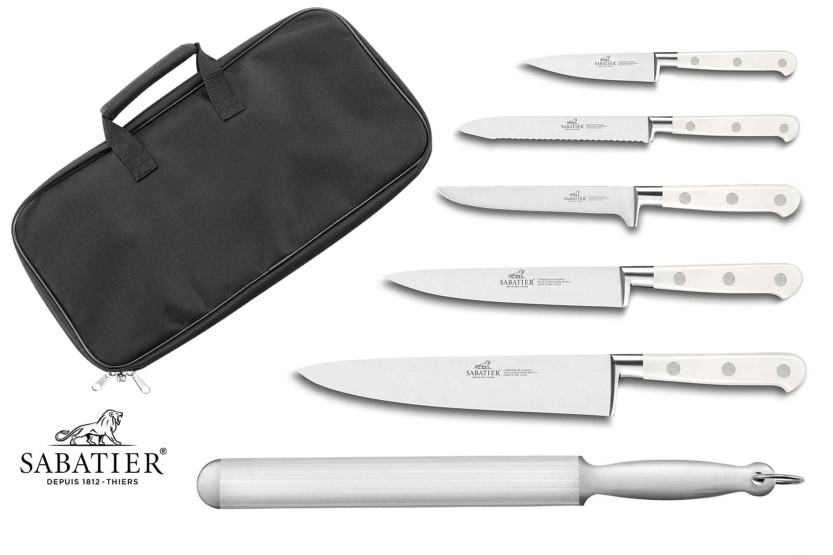 Estojo de cozinha Sabatier Toque Blanche 5 facas fabricadas em França + 1 aço de afiar