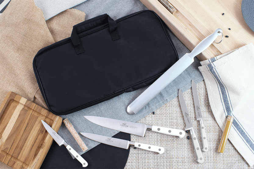 Estuche de cocina Sabatier Toque Blanche 5 cuchillos fabricados en Francia + 1 chaira