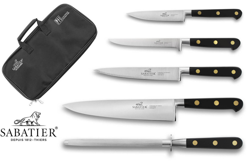 Estuche con 4 cuchillos + 1 chaira Sabatier Chef producción francesa