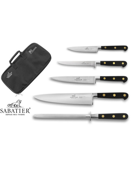 Estuche con 4 cuchillos + 1 chaira Sabatier Chef producción francesa