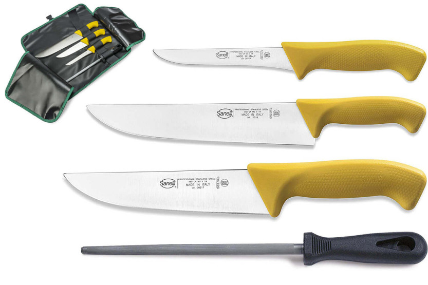 Professional butcher kit 3 knives + 1 rifle Sanelli Skin