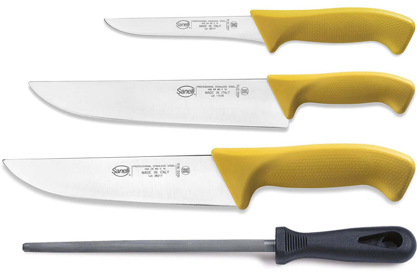 Professional butcher kit 3 knives + 1 rifle Sanelli Skin