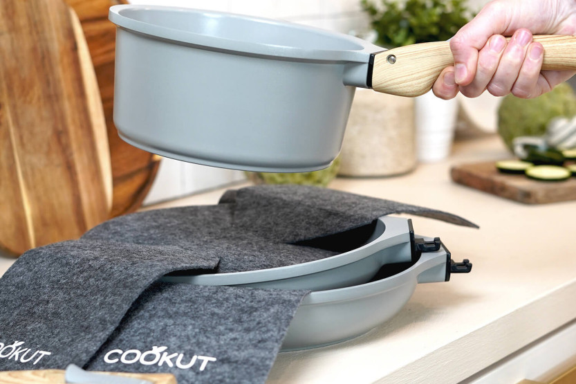L'Incroyable Kit Cookut 2 padelle e 1 casseruola con manico estraibile - perla