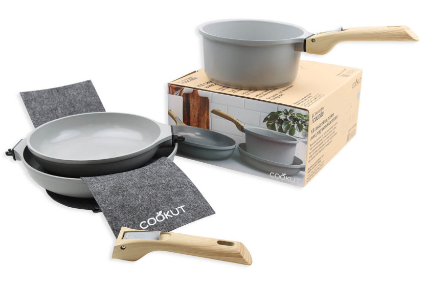 L'Incroyable Kit Cookut 2 koekenpannen en 1 steelpan met afneembare steel - parelmoer