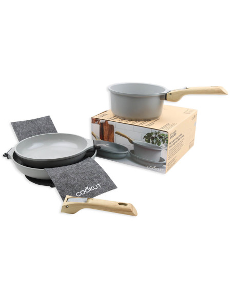 L'Incroyable Kit Cookut 2 padelle e 1 casseruola con manico estraibile - perla