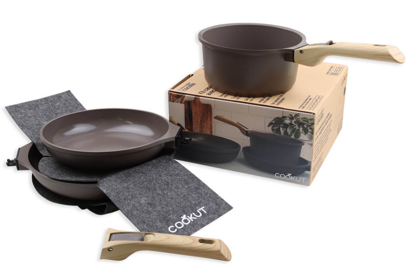 L'Incroyable Kit Cookut 2 frigideiras e 1 caçarola com pega amovível - castanho moca