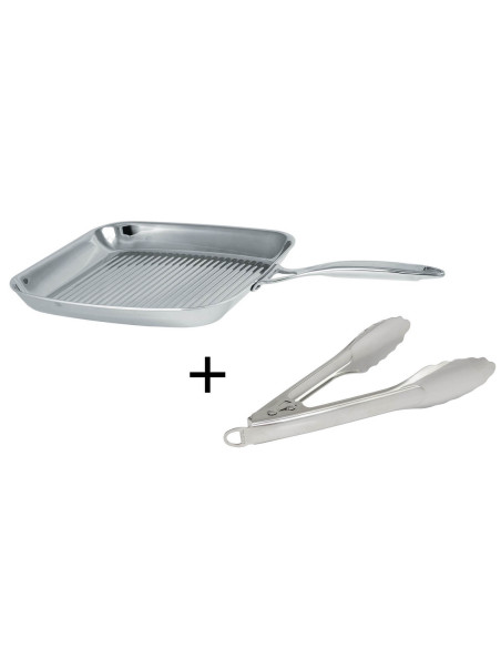 Padella per grigliare in acciaio inox Cristel Castel'Pro + pinze di servizio in acciaio inox in omaggio - Esclusiva