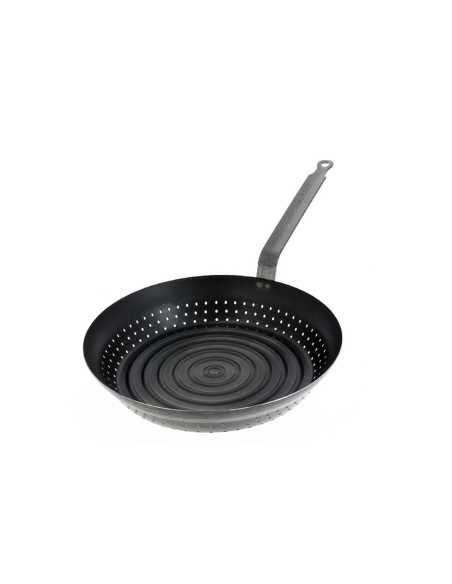 De Buyer 5493.28 padella scanalata in castagno con bocchette laterali 28 cm in lamiera d'acciaio azzurrata